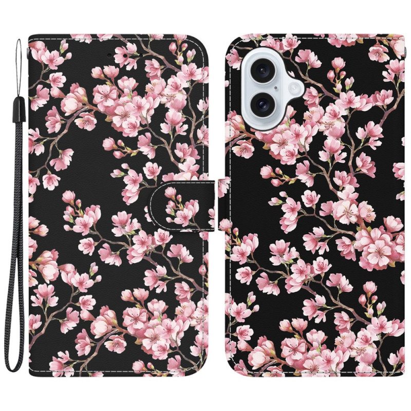 Folio Deksel Til iPhone 16 Strappede Plommeblomster