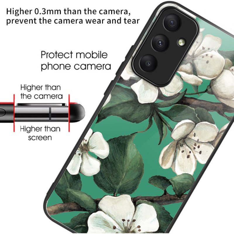 Deksel Samsung Galaxy A55 5g Hvite Blomster Av Herdet Glass