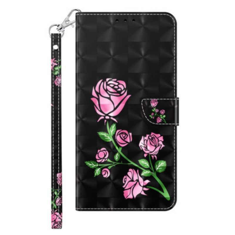 Folio Deksel Samsung Galaxy A55 5g Rosa Blomster På Svart Bakgrunn Med Stropp Beskyttelse Deksel