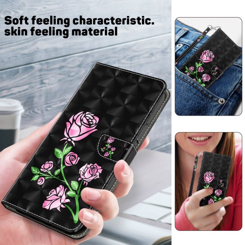 Folio Deksel Samsung Galaxy A55 5g Rosa Blomster På Svart Bakgrunn Med Stropp Beskyttelse Deksel