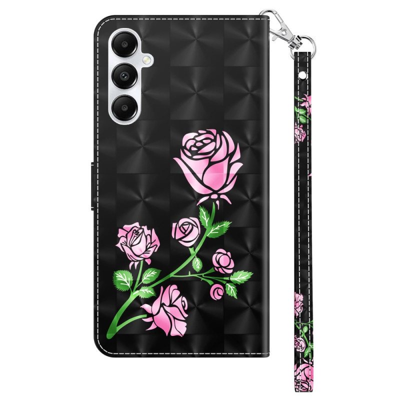 Folio Deksel Samsung Galaxy A55 5g Rosa Blomster På Svart Bakgrunn Med Stropp Beskyttelse Deksel