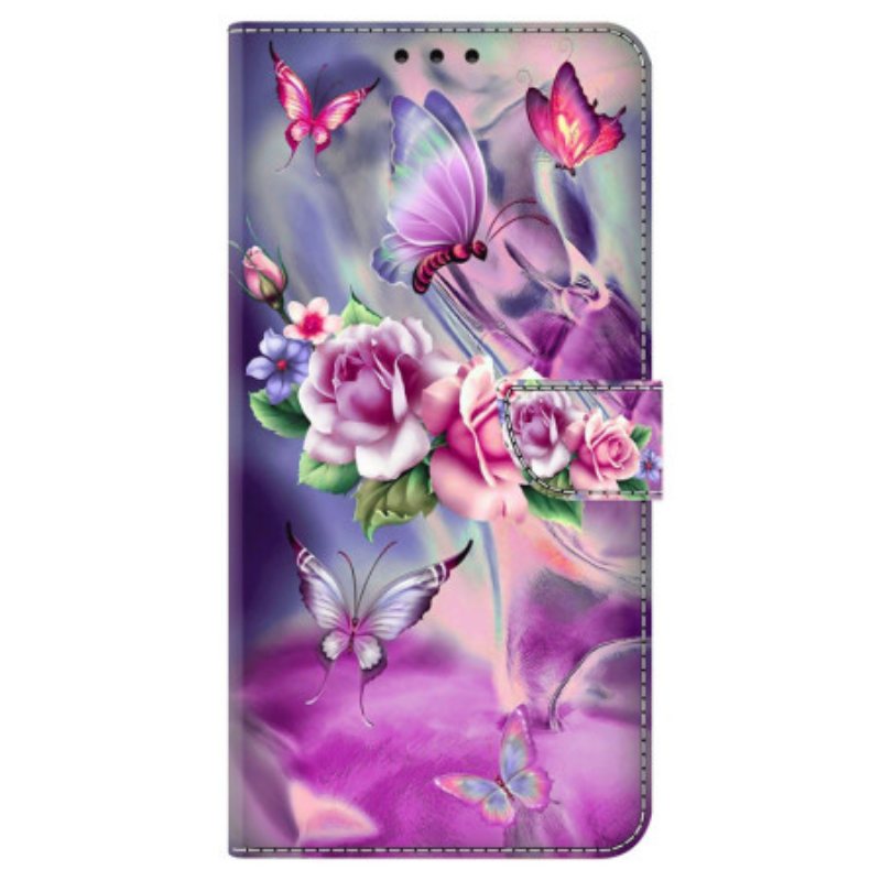 Lærdeksel Folio Deksel Samsung Galaxy A55 5g Lilla Sommerfugler Og Blomster