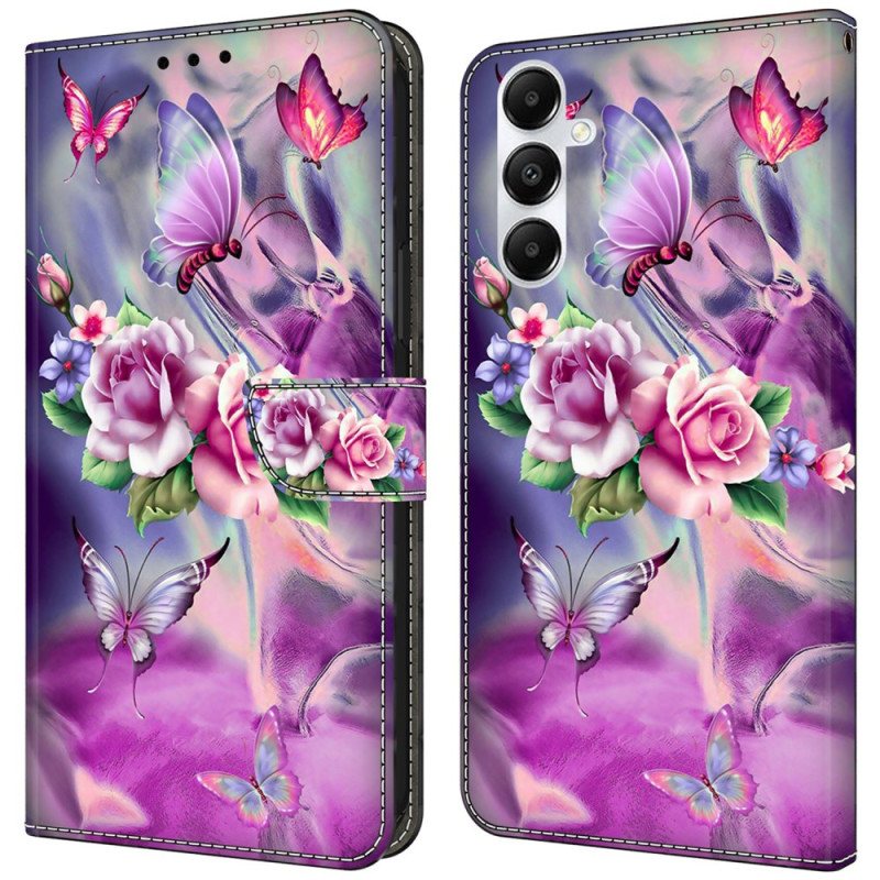 Lærdeksel Folio Deksel Samsung Galaxy A55 5g Lilla Sommerfugler Og Blomster