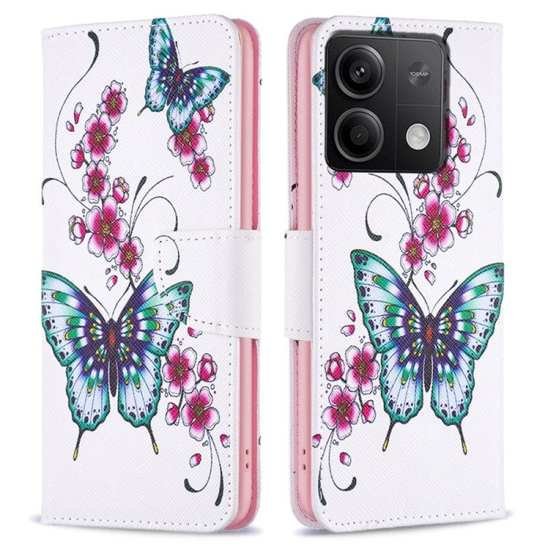 Folio Deksel Xiaomi Redmi Note 13 5g Blomstrende Fersken Og Sommerfugler Beskyttelse Deksel