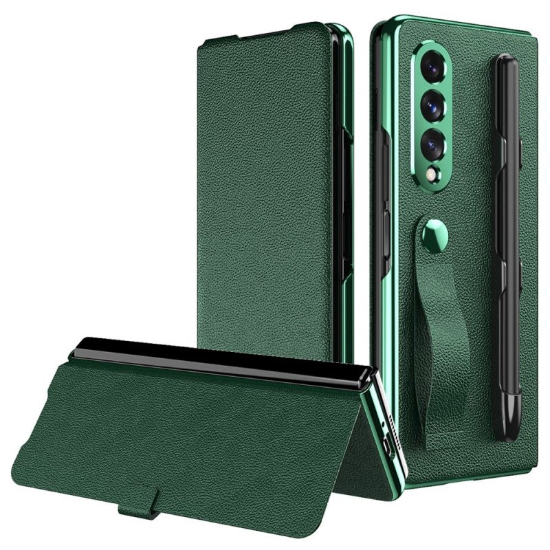 Beskyttelse Deksel Til Samsung Galaxy Z Fold 3 5G Folio Deksel Style Litchi Leather Stylus Holder Og Stropp