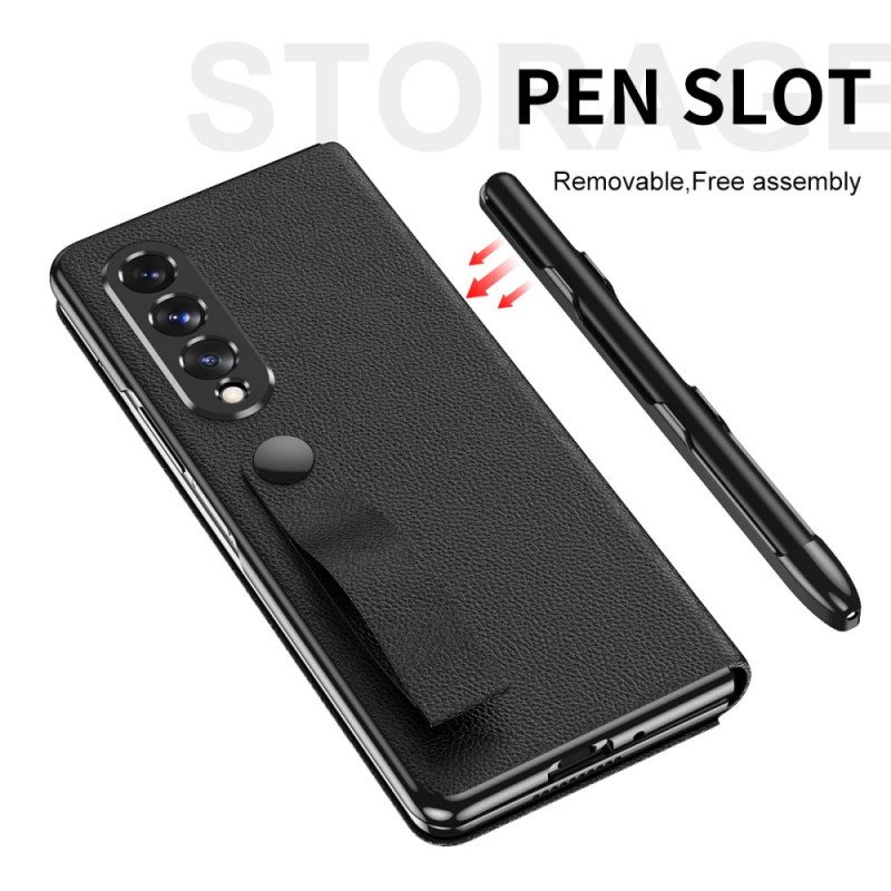 Beskyttelse Deksel Til Samsung Galaxy Z Fold 3 5G Folio Deksel Style Litchi Leather Stylus Holder Og Stropp