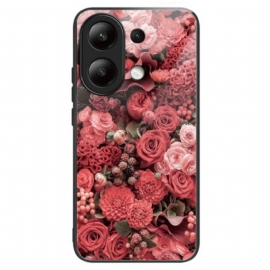 Deksel Xiaomi Redmi Note 13 4g Røde Blomster Av Herdet Glass Beskyttelse Deksel