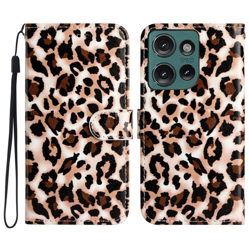 Folio Deksel Motorola Edge 50 Leopard Print Strappy Beskyttelse Deksel