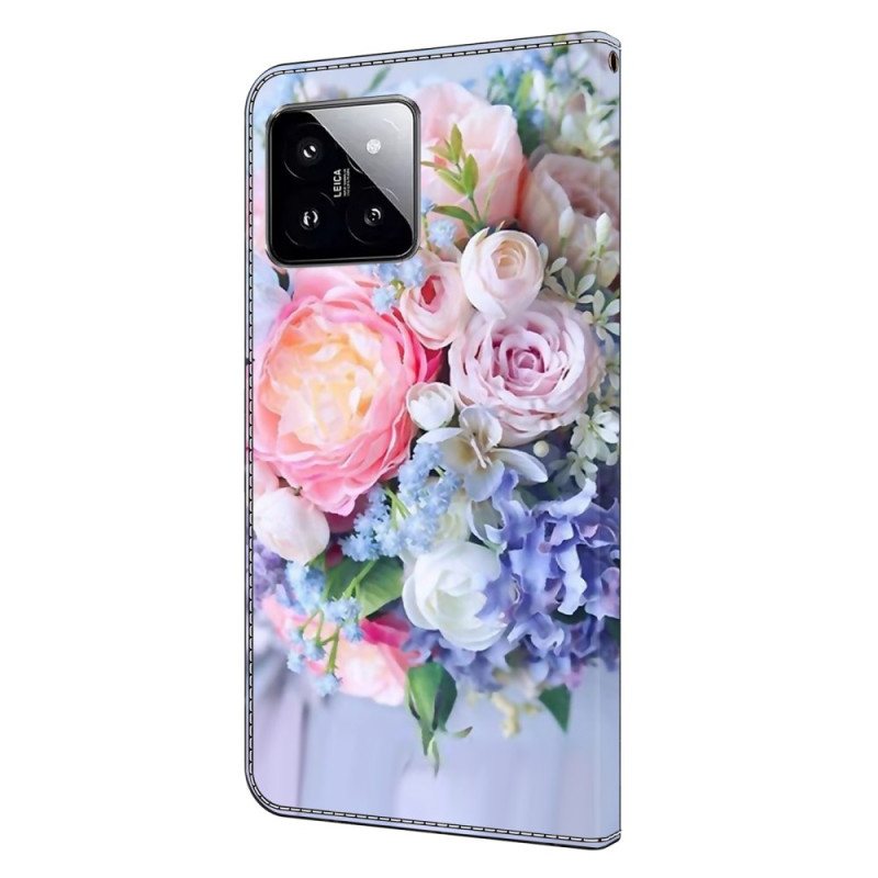 Lærdeksel Folio Deksel Xiaomi 14 Mobildeksel Fargerike Blomster