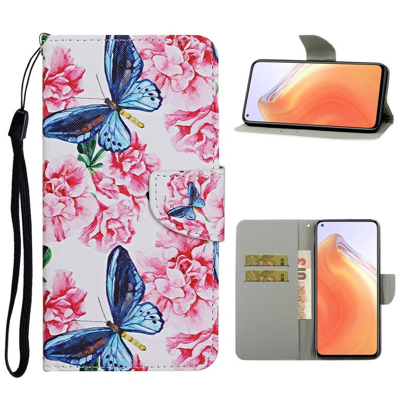 Folio Deksel Til Xiaomi Mi 10T / 10T Pro Butterflies Floral Lanyard