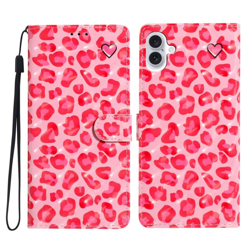 Folio Deksel iPhone 16 Plus Rosa Leopardtrykk Med Stropp Beskyttelse Deksel