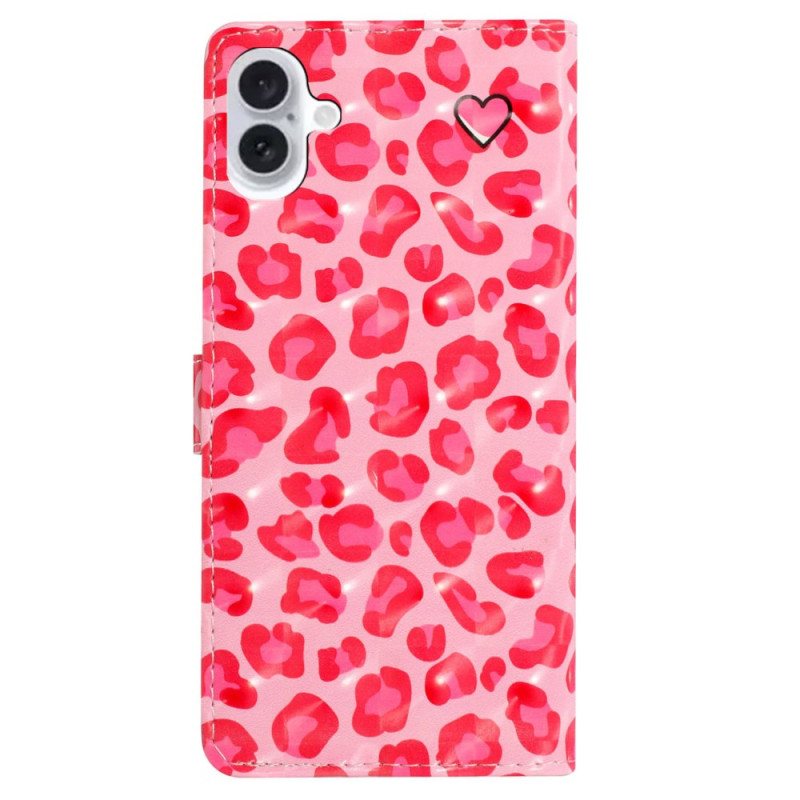 Folio Deksel iPhone 16 Plus Rosa Leopardtrykk Med Stropp Beskyttelse Deksel