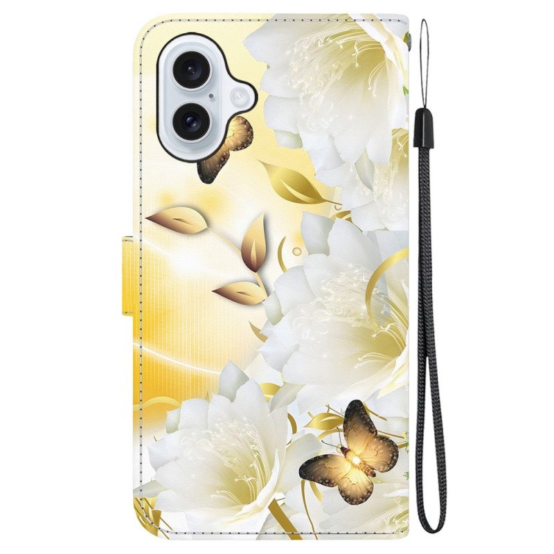 Folio Deksel Til iPhone 16 Plus Gylne Sommerfugler Og Hvite Blomster Med Stropp