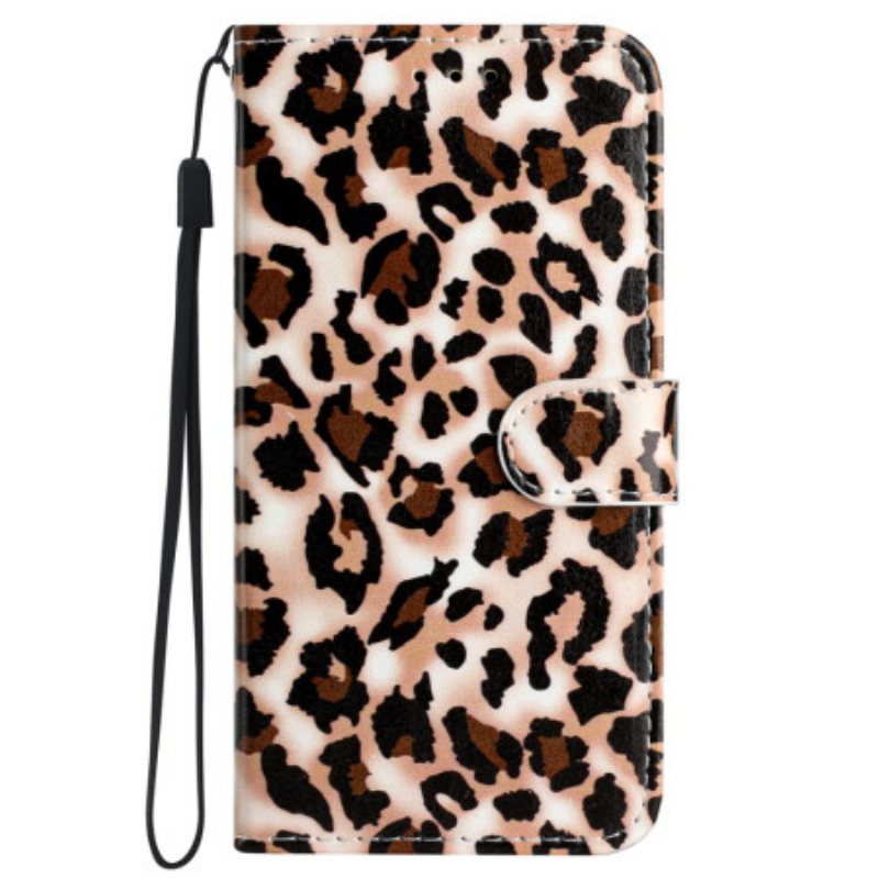 Lærdeksel Folio Deksel iPhone 16 Plus Leopardmønster Med Stropp