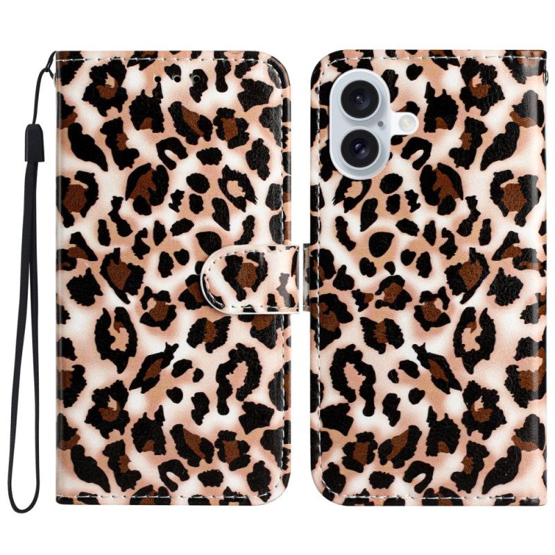 Lærdeksel Folio Deksel iPhone 16 Plus Leopardmønster Med Stropp