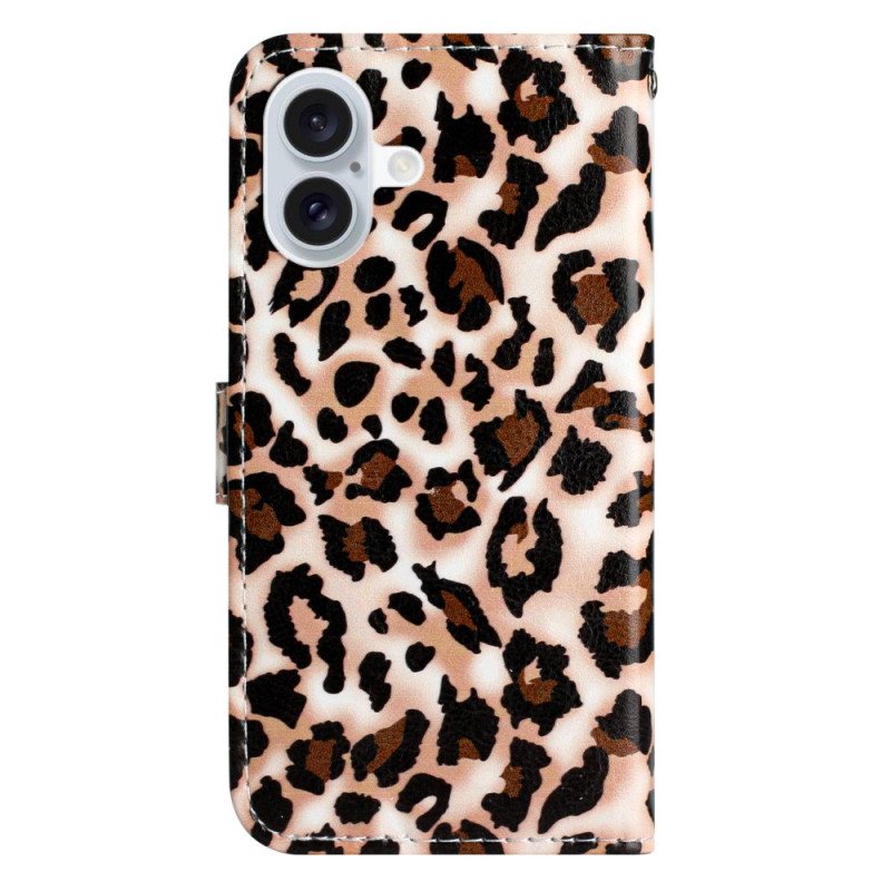 Lærdeksel Folio Deksel iPhone 16 Plus Leopardmønster Med Stropp