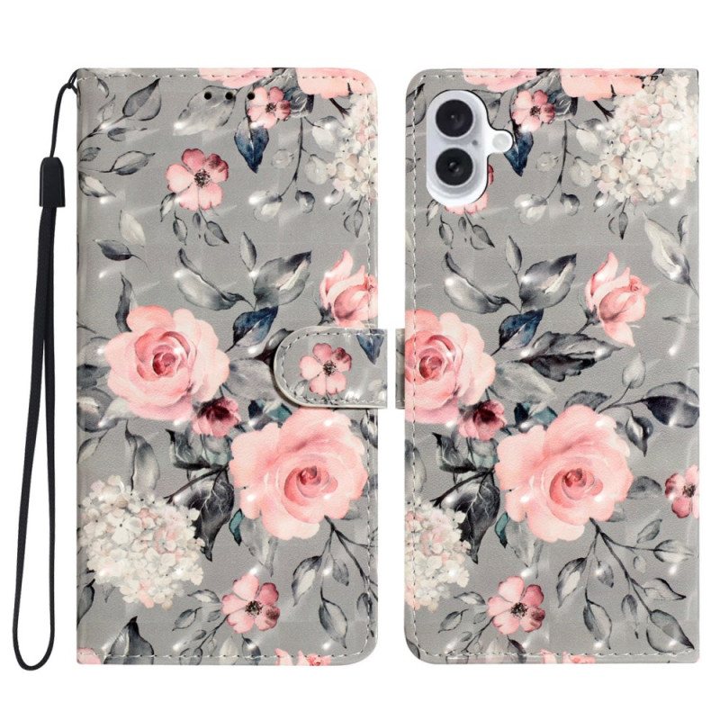 Lærdeksel Folio Deksel iPhone 16 Plus Mobildeksel Rosa Blomster Med Stropp