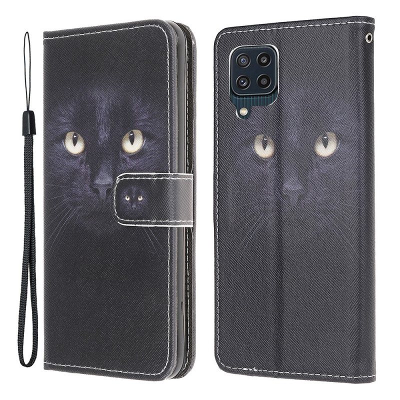 Folio Deksel Til Samsung Galaxy M32 Med Kjede Strappy Black Cat Eyes