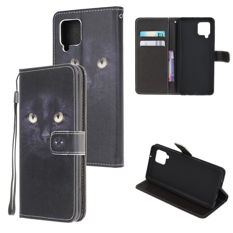 Folio Deksel Til Samsung Galaxy M32 Med Kjede Strappy Black Cat Eyes