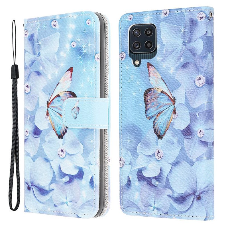 Folio Deksel Til Samsung Galaxy M32 Med Kjede Strappy Diamond Sommerfugler