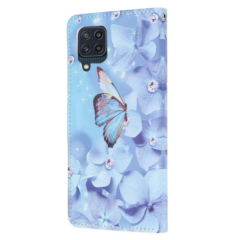 Folio Deksel Til Samsung Galaxy M32 Med Kjede Strappy Diamond Sommerfugler