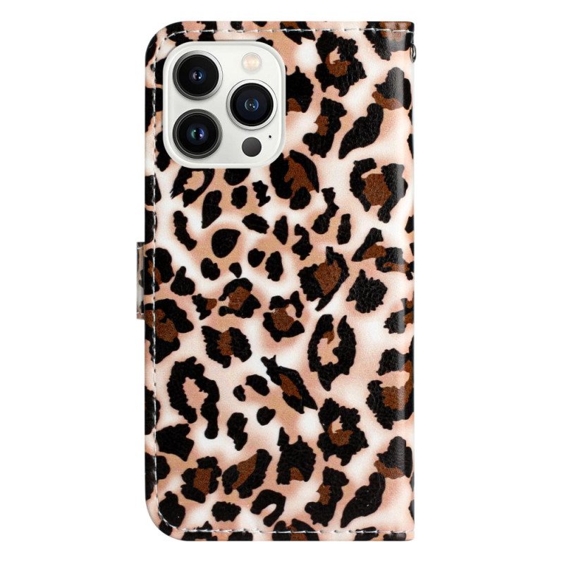 Folio Deksel iPhone 16 Pro Leopardmønster Med Stropp Beskyttelse Deksel