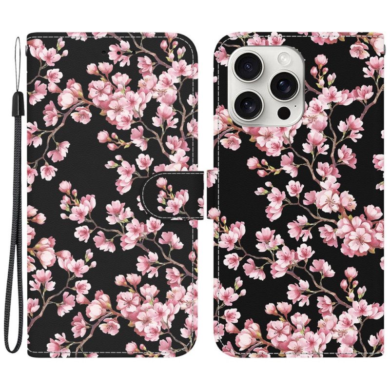 Folio Deksel iPhone 16 Pro Strappede Plommeblomster Beskyttelse Deksel