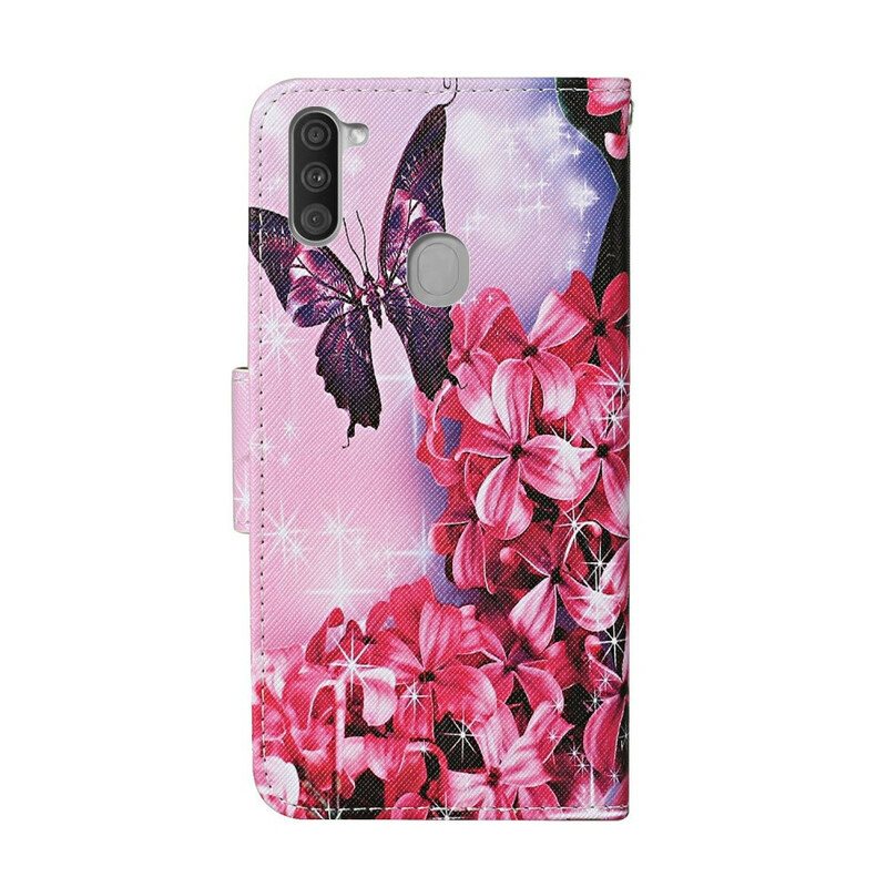 Folio Deksel Til Samsung Galaxy M11 Butterflies Floral Lanyard