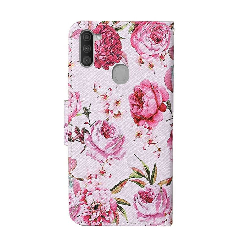 Folio Deksel Til Samsung Galaxy M11 Mesterlige Blomster Med Stropp