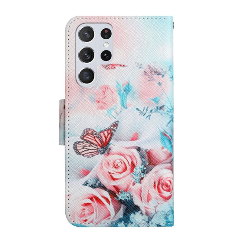 Folio Deksel Til Samsung Galaxy S22 Ultra 5G Bukett Med Blomster Og Sommerfugler