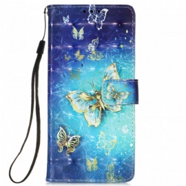 Folio Deksel Til Samsung Galaxy S22 Ultra 5G Golden Butterflies Lanyard