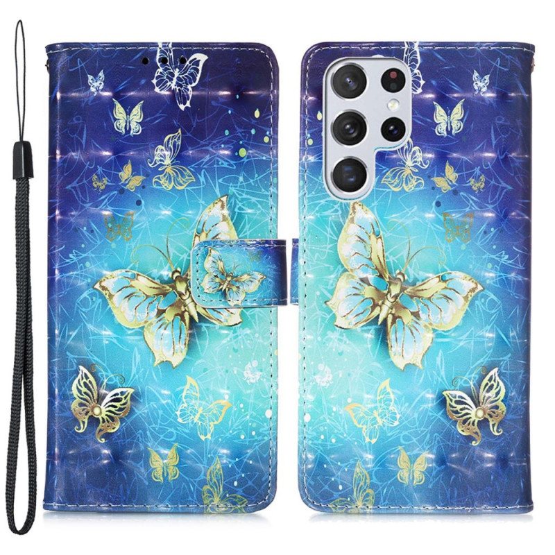 Folio Deksel Til Samsung Galaxy S22 Ultra 5G Golden Butterflies Lanyard