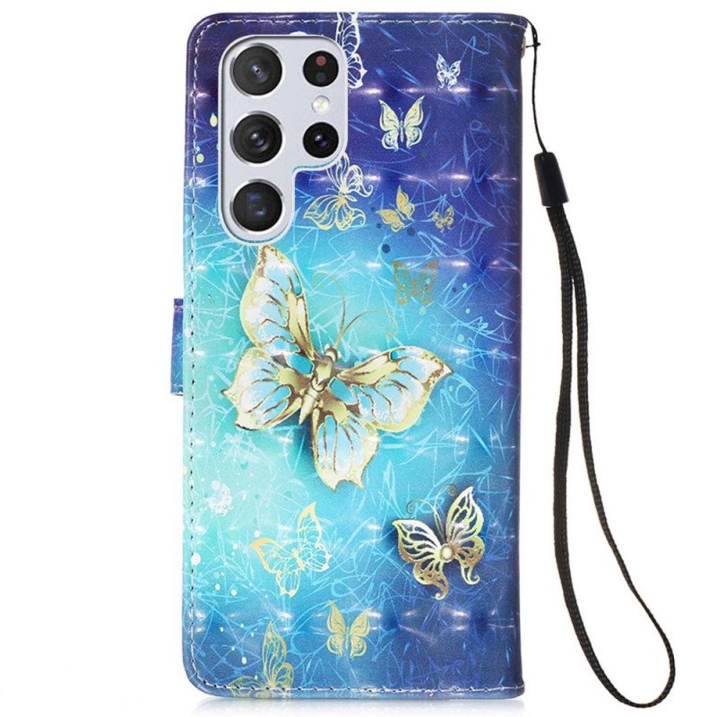 Folio Deksel Til Samsung Galaxy S22 Ultra 5G Golden Butterflies Lanyard