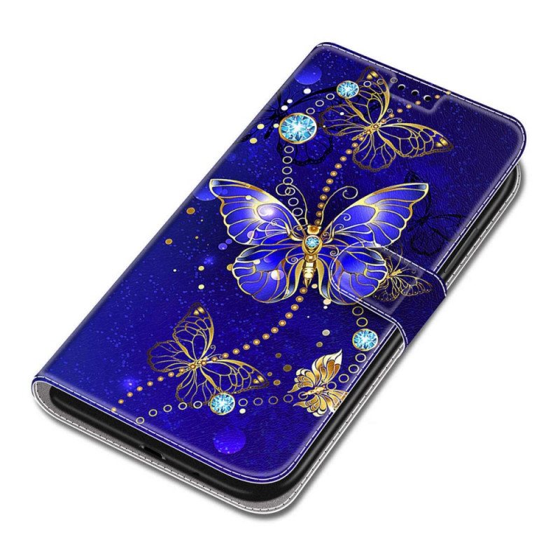 Folio Deksel Til Samsung Galaxy S22 Ultra 5G Med Kjede Strap Butterflies Fan