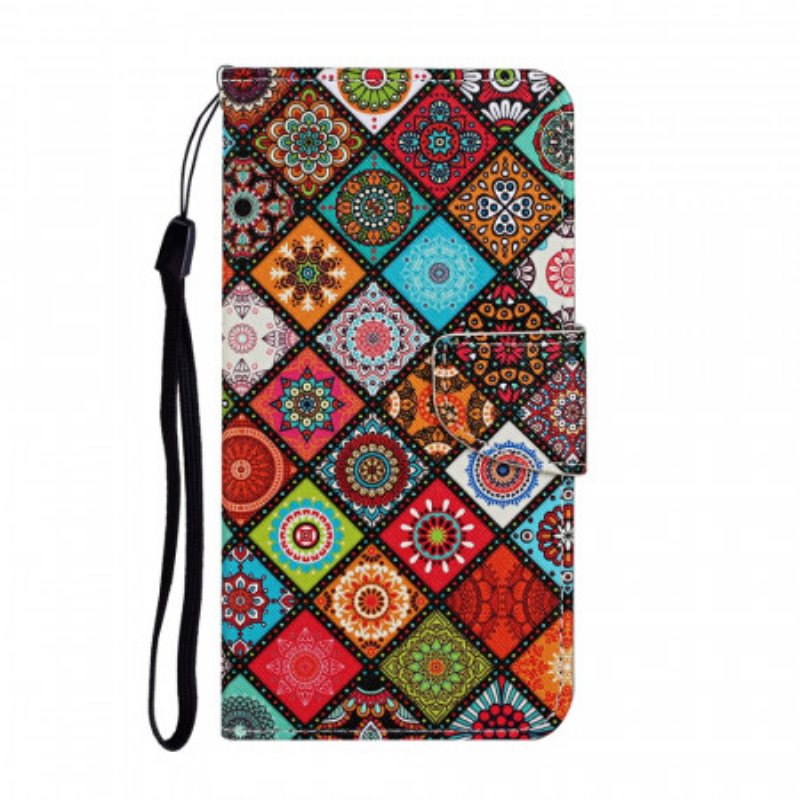 Folio Deksel Til Samsung Galaxy S22 Ultra 5G Patchwork Mandalaer Med Snor