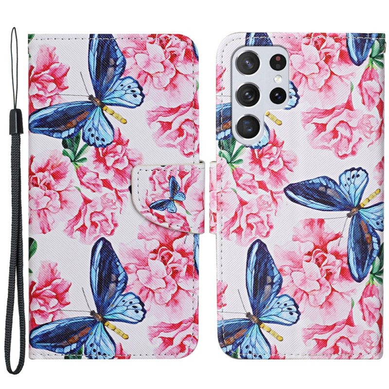 Lærdeksel Til Samsung Galaxy S22 Ultra 5G Butterflies Floral Lanyard