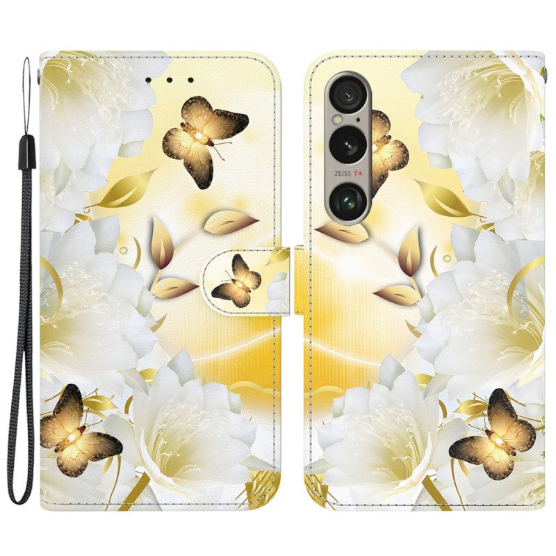 Folio Deksel Til Sony Xperia 1 Vi Gylne Sommerfugler Og Hvite Blomster Med Stropp