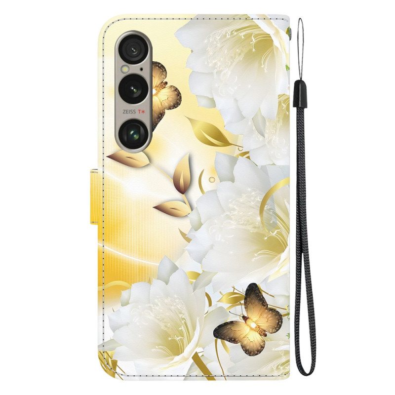 Folio Deksel Til Sony Xperia 1 Vi Gylne Sommerfugler Og Hvite Blomster Med Stropp