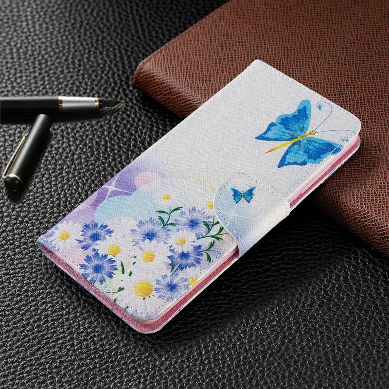 Folio Deksel Til Samsung Galaxy A51 Malte Sommerfugler Og Blomster