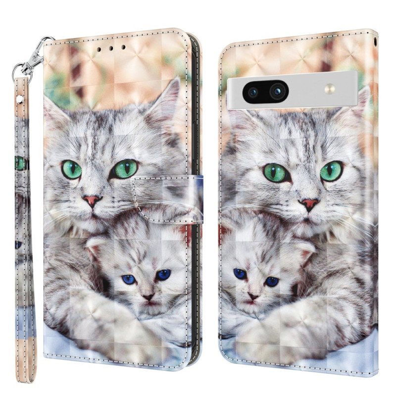 Folio Deksel Til Google Pixel 7A Med Kjede Strappy Cat Family